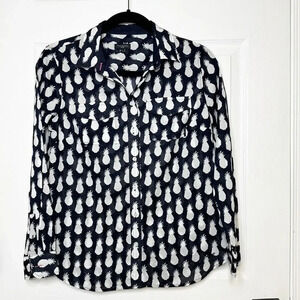 TALBOTS Cotton‎ Pineapple Print Black White Button Down Top Size Petite